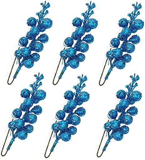 Bomandu Artificial Glittery Berry Picks for Christmas Tree Wreath Garland Decoration, Pack of 6(Blue)