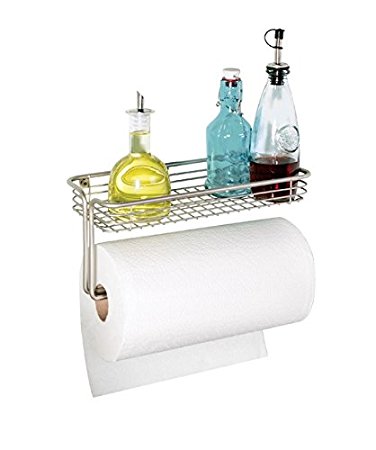 mDesign Paper Towel Holder with Shelf for Kitchen, Laundry, Garage - Wall Mount, Satin