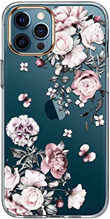 LUOLNH iPhone 12 Pro Max Case,with Flowers.for Girl Women,Shockproof Clear Floral Pattern Hard Back Cover for Phone 6.7 inch 2020 -White&Pink