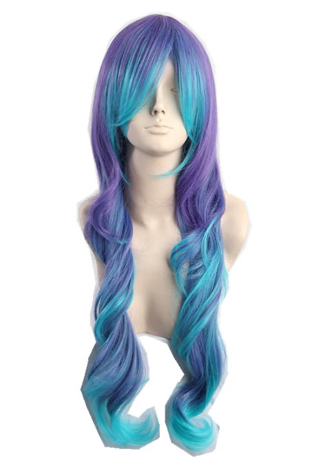 Women's Long Curly Cosplay Wig Teal Blue Purple Two Tone Fiber Hair 25 Inch