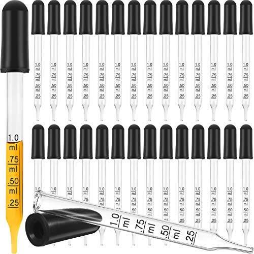 TecUnite Glass Liquid Droppers, 1 ml Essential Oil Dropper Pipette Calibrated Glass Stain Dropper for Essential Oil Makeup Art Liquid Plant with Kraft Boxes (30)