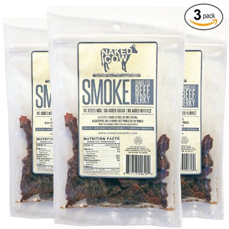 Naked Cow All Natural Grass Fed Beef Jerky - Smoke Flavor Beef Jerky 3 Pack (Total 6.75 oz)