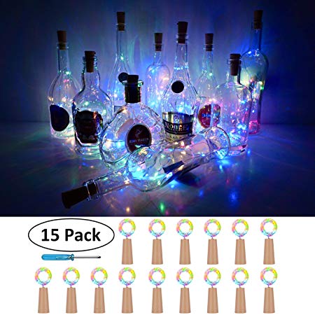 Wine Bottle Cork Lights, Battery Operated LED Cork Shape Silver Copper Wire Colorful Fairy Mini String Lights for DIY Party Halloween Wedding,Outdoor Indoor Decoration,15Pack (Multi-Pink)