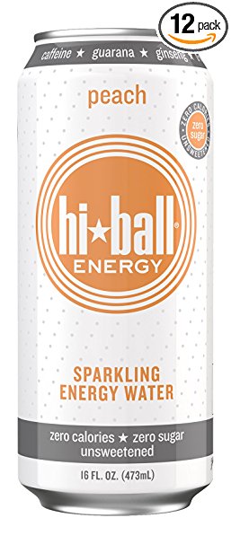 Hiball Energy Sparkling Water, Peach, 16 Ounce (Pack of 12)