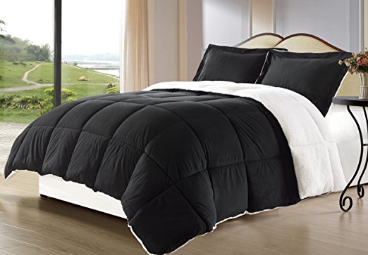 Cozy Beddings 3-Piece Borrego Sherpa/Berber Throw Blanket and Down Alternative Mini Comforter Set, Queen, Black