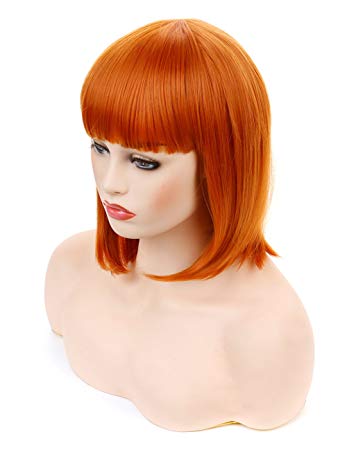 Morvally Short Straight Bob Wig Heat Resistant Hair with Blunt Bangs Natural Looking Cosplay Costume Daily Wigs (12", 2735# Orange)