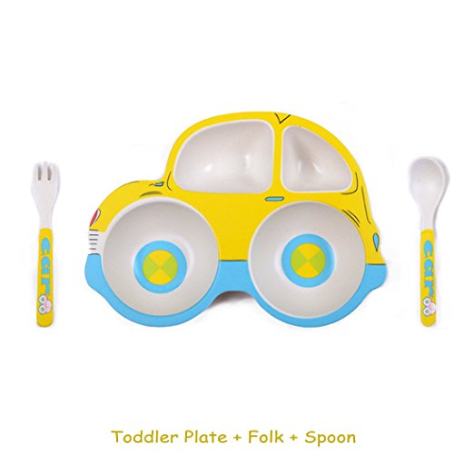 Toddler Divided Plate Meal Set 3 Pieces (Plate, Folk & Spoon) For Kids and Toddlers (Yellow Car)