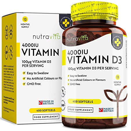 Vitamin D3 4000 IU | 400 Days Supply of Cholecalciferol Soft Gel Capsules (Non-GMO and Easy Absorption Vitamin D Capsules) | Manufactured in The UK by Nutravita