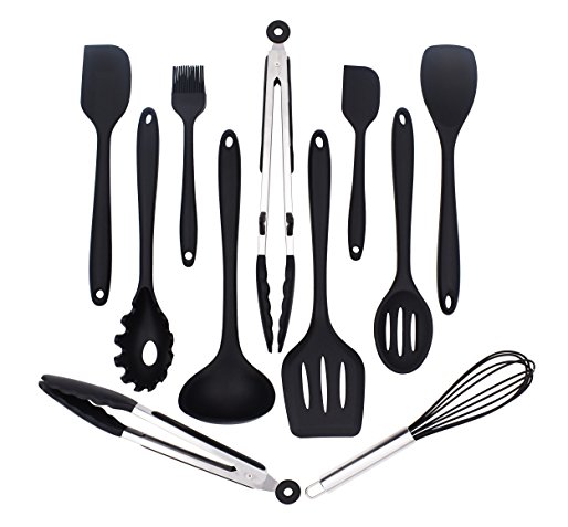 Silicone Kitchen Utensils Set 11-Piece Cooking Tool and Gadget Set Baking Whisk Brush Spatulas (Black)