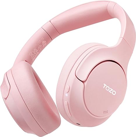 TOZO HT2 Hybrid Active Noise Cancelling Wireless Headphones, 60H Playtime Lossless Audio Over Ear Bluetooth Headphones, Hi-Res Audio Deep Bass Foldable Lightweight Headset for Workout Pink