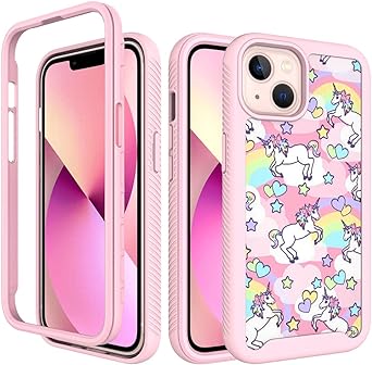 CaseTown Compatible with iPhone 13 Mini, Cute Unicorn Pink Pattern Dual Layer Heavy Duty Shockproof Shockproof Defender Transparent Bumper Back Cover Case for iPhone 13 Mini