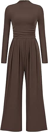 PRETTYGARDEN Women's Jumpsuit Dressy Casual Fall Fashion One Piece Outfits Long Sleeve Mock Neck Wide Leg Pants Rompers