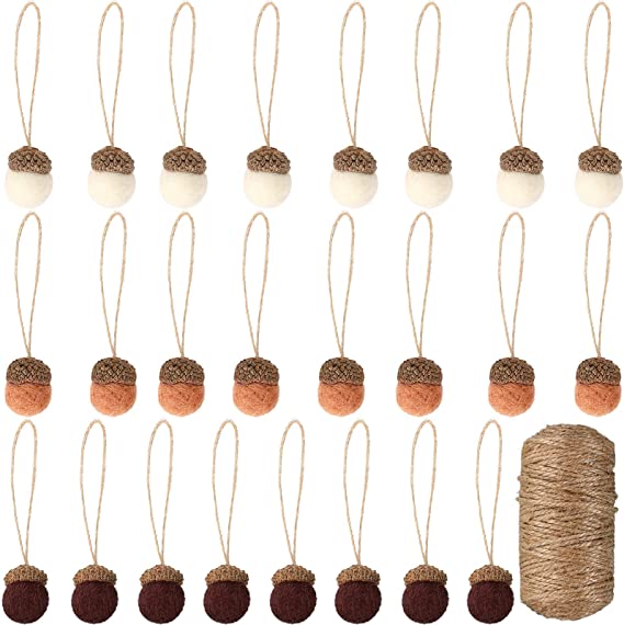 24 Pieces Felt Acorn Ornaments Felt Balls Pom Acorns Wool Felt Acorns with Rope Felt Acorn Tree Hanging Ornaments Rustic Farmhouse Felt Acorn Decor for Fall Thanksgiving Christmas (Classic Colors)