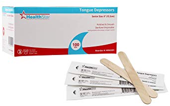 Healthstar 6 inch Sterile Wood Tongue Depressors, 100 Box, Convenient Peel-Down Pouches, Smooth for Adults and Seniors