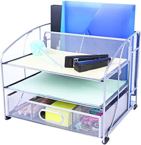 Exerz Mesh Desk Organizer Office Supplies 3 Trays/Desktop File Holder with Sliding Drawer and Hanging File Holder/Vertical Upright Section for Office Home Multifuntional - Silver