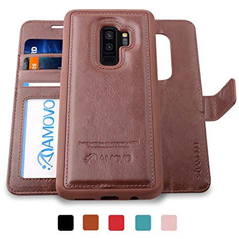 AMOVO Galaxy S9 Plus Case [2 in 1], Samsung Galaxy S9 Plus Wallet Case [Detachable Wallet Folio] [Premium Vegan Leather] Samsung S9 Plus Flip Case Cover with Gift Box Package (Brown, S9 )