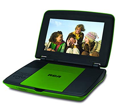 RCA 9 Inch Portable DVD CD Player with Travel Kit Watching in a Car Remote Control | Rechargeable Battery | AC Adapter | Car Charger, Green