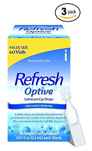 Refresh Optive Lubricant Drops for Sensitive Eyes,  60 Vials, Preservative-free - Great Value Size (Pack of 3)- (180 Vials)
