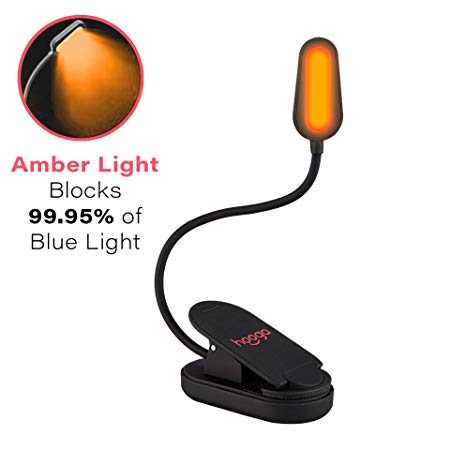 Book Light, Blue Light Blocking, Amber Clip-On Reading Light by Hooga. 1600K Warm LEDs for Reading in Bed. Sleep Aid Light. Rechargeable 1200mAh Battery. Adjustable Brightness. Works with Kindles