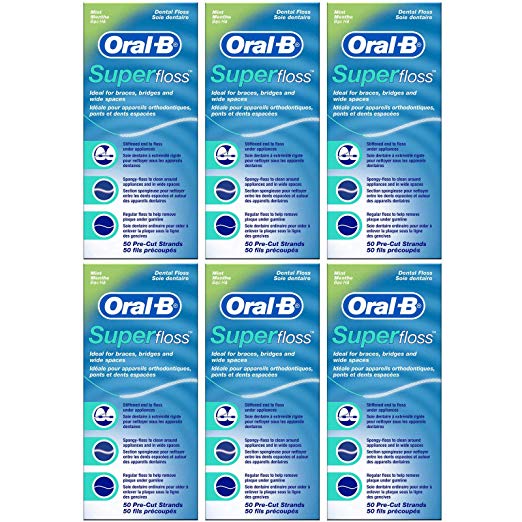 Oral-B Super Floss Mint Dental Floss for Braces Bridges - 50 Strips (Pack of 6)