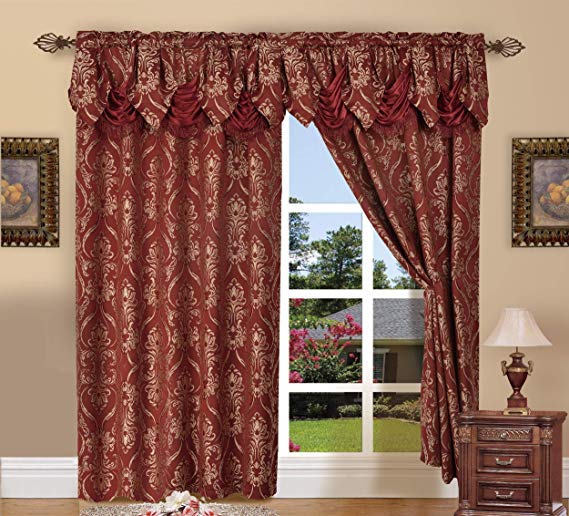 Elegant Comfort Penelopie Jacquard Look Curtain Panel Set with with Attached Waterfall Valance, Set of 2, 54x84 Inches, Burgundy