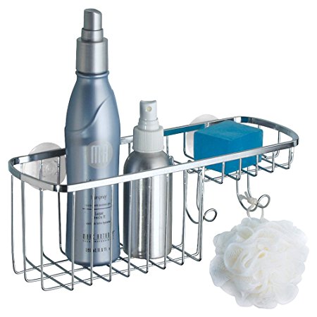 mDesign Suction Shower Combo Organizer Basket with Soap Holder and Hooks, Polished Stainless Steel