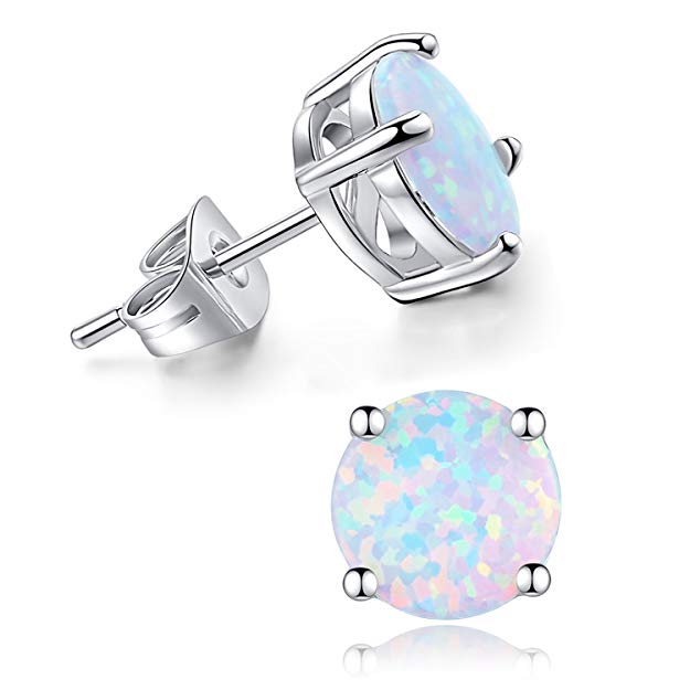 DESIMTION 18K White Gold Plated Created Opal 6/8mm Round Stud Earrings for Women Girls