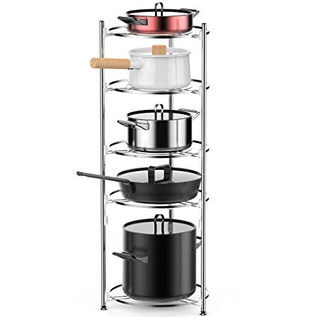 5 Tiers Cookware Stand, iSPECLE Kitchen Free Standing Rack Organizer for Pan and Pot, Easy to Install without Tool, Stainless Steel, Silver