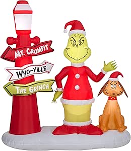 Gemmy Christmas Inflatable Grinch and Max with Lamp Post, 6 ft Tall, Multi