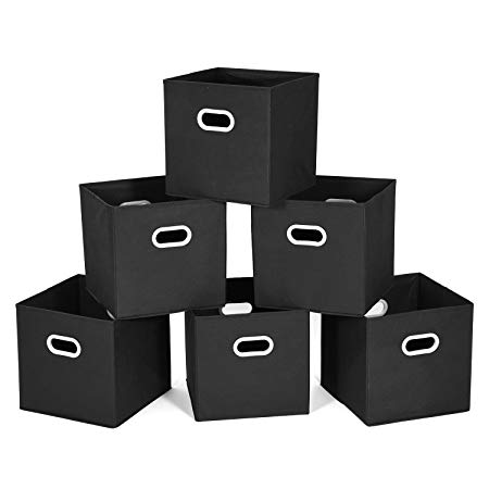 MaidMAX Cloth Storage Bins Baskets Boxes Containers with Dual Plastic Handles for Home Closet Bedroom Drawers Organizers, Foldable, Black, Set of 6