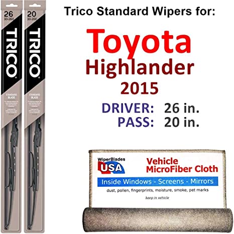 Wiper Blades for 2015 Toyota Highlander Driver & Passenger Trico Steel Wipers Set of 2 Bundled with Bonus MicroFiber Interior Car Cloth