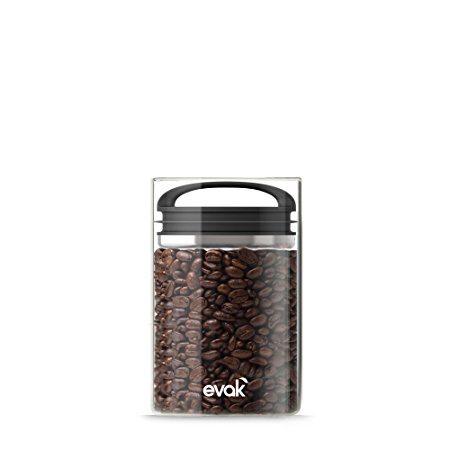 Best PREMIUM Airtight Storage Container for Coffee Beans, Tea and Dry Goods - EVAK - Innovation that Works by Prepara, Glass and Stainless, Compact Soft Touch Black Handle, Medium