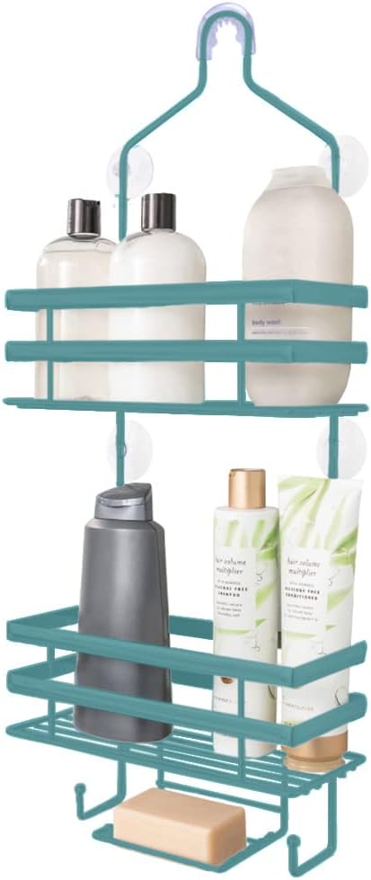 Gorilla Grip Anti-Swing Oversized Shower Caddy, Rust Resistant Organizer, Holds 11 lbs, Strong Suction Cups, Hooks, Easy Hanging Bathtub Shampoo Accessory Caddies for Showerhead, 3 Shelf, Turquoise