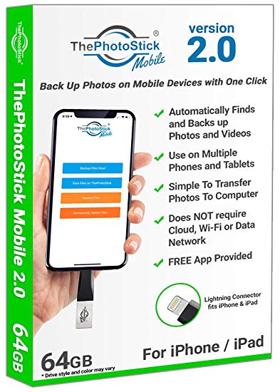 ThePhotoStick Mobile 2.0 for iPhone and iPad, 64GB Mobile Backup and Storage Device for Photos and Videos, MFi Certified