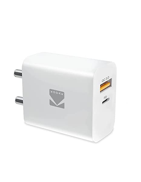 Kodak 20W PD Adapter | PD QC 3.0 USB Wall Charger | MADE IN INDIA | Dual-Port, Lightweight & Portable Design | BIS Certified Compatible with iPad, iPhone, Galaxy, Tablets, Other Phones - White KD40003