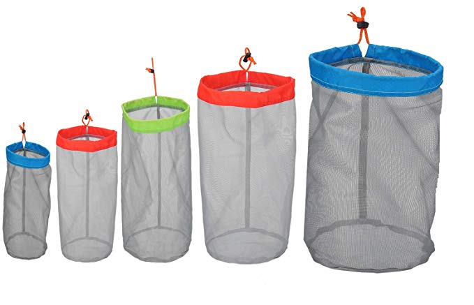 Alemon Small to XXLarge Stuff Sack Lightweight Nylon Mesh Drawstring Storage Bag for Travelling Hiking, Set of 5