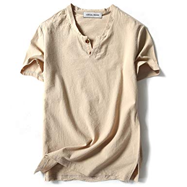 LOCALMODE Men Linen and Cotton V Neck Short Sleeve T Shirts Casual Tee