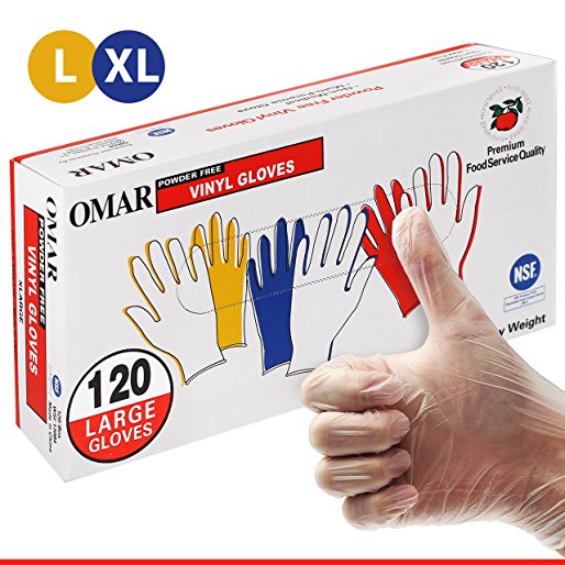 OMAR Clear Vinyl Gloves 120pc. - Multi-Purpose Gloves, Powder-Free, Latex-Free, Non-Sterile, Work, Food Service, Cleaning, Allergy-Free, Smooth, Economical, Large/X-Large, Clear (Pack of 120)