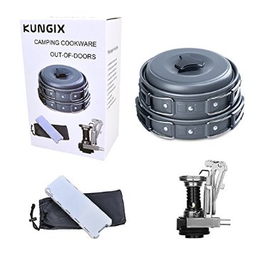 Kungix Camping Cookware Mess Kit, Lightweight Portable Compact Aluminium Alloy Cooking Set, Include Pots, Pans, Bowls, Utensils, Stoves and Windshield, 11 Pieces
