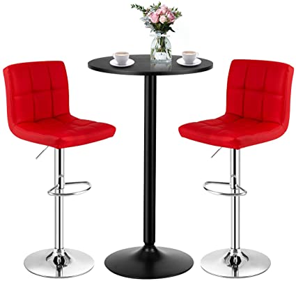 COSTWAY 3-Piece Bar Table Set, Round Cocktail Table and PU Leather Adjustable Swivel Chairs, Modern Counter Height Table Set with 2 Bar Stool for Kitchen, Office (Red)