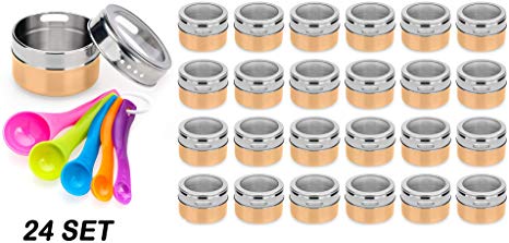Nellam Magnetic Spice Jars - Kitchen Storage Containers Pantry Rack Organizer - Stainless Steel Airtight Tins for Stack on Fridge to Save Counter & Cupboard Space (Set of 24 PCS - Gold)