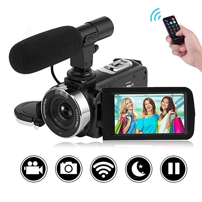SEREE Camcorder Full HD 1080P 30FPS Vlogging Camera with Remote Control Wi-Fi IR Night Vision 3” LCD Touch Screen Digital Video Camera with External Microphone