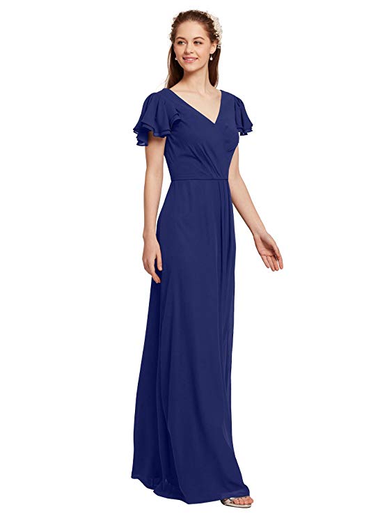 AW Chiffon Long Bridesmaid Dresses with Short Sleeves 2019 Party Prom Evening Gown V Neck