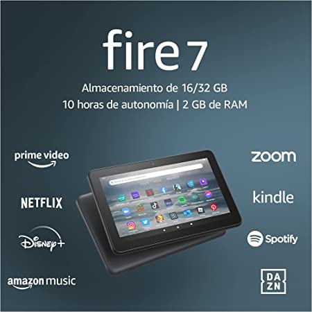 Nuevo tablet Fire 7 con pantalla de 7 pulgadas, 16 GB (modelo de 2022), color negro, Sin publicidad