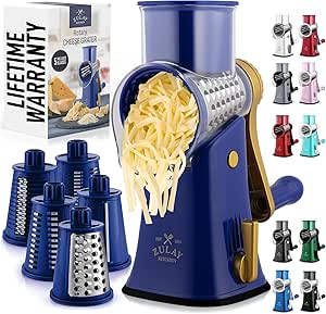 Zulay Rotary Cheese Grater 5 Blade Cheese Shredder - Manual Hand Crank Cheese Grater With Reinforced Suction & 5 Interchangeable Drums - Easy to Use Vegetable Chopper - Blue Gold