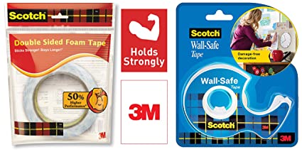 Scotch Double Sided Foam Tape (Length 3m, Width 24mm) with Scotch Wall Safe Tape