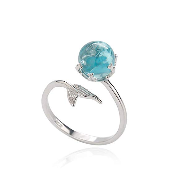 Orris Princess of Ocean Mermaid Sterling Silver Blue Crystal Adjustable Free Size Open Ring …