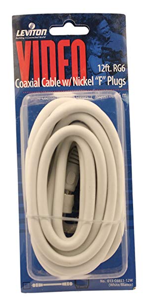 Leviton C6851-12W RG6 Coax Cable, Nickel Plated, 12-Feet, White