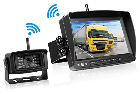 Emmako Digital Wireless Built-in Backup Camera and 7'' display Monitor Reverse Camera System Kit Working Over 300 ft Stable Signal Grid Lines Optional Waterproof Night Vision for Trailer/RV/Truck/Boat