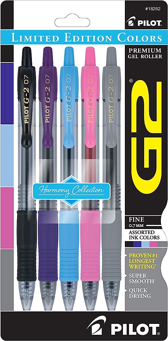 PILOT G2 Harmony Ink Collection Limited Edition Retractable Gel Pens, 0.7mm, Fine Point, Assorted Ink, 5-Pack